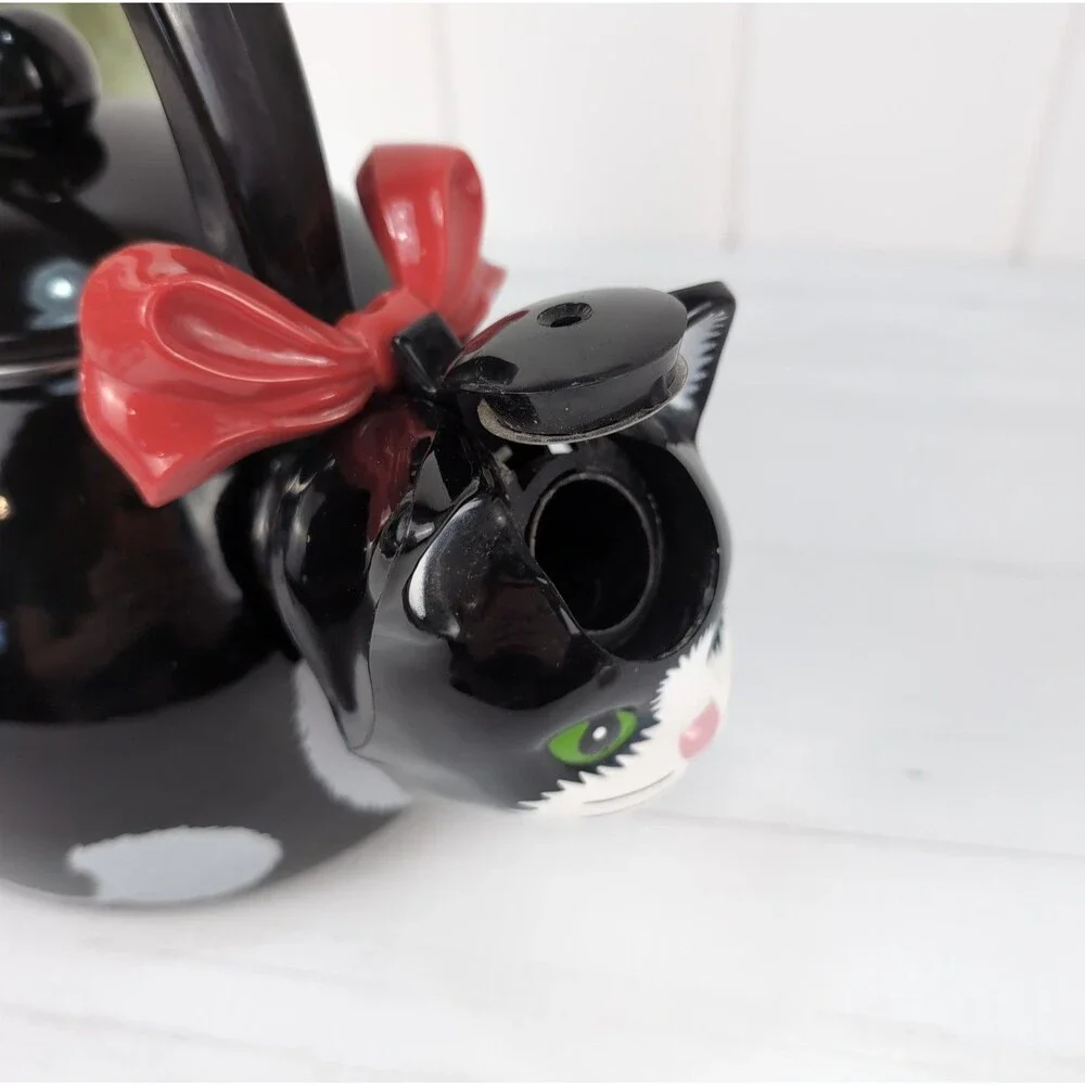 VTG Kitschy Cat Whistling Tea Kettle Black Tuxedo Cat 1990s Ancona Tea Pot
